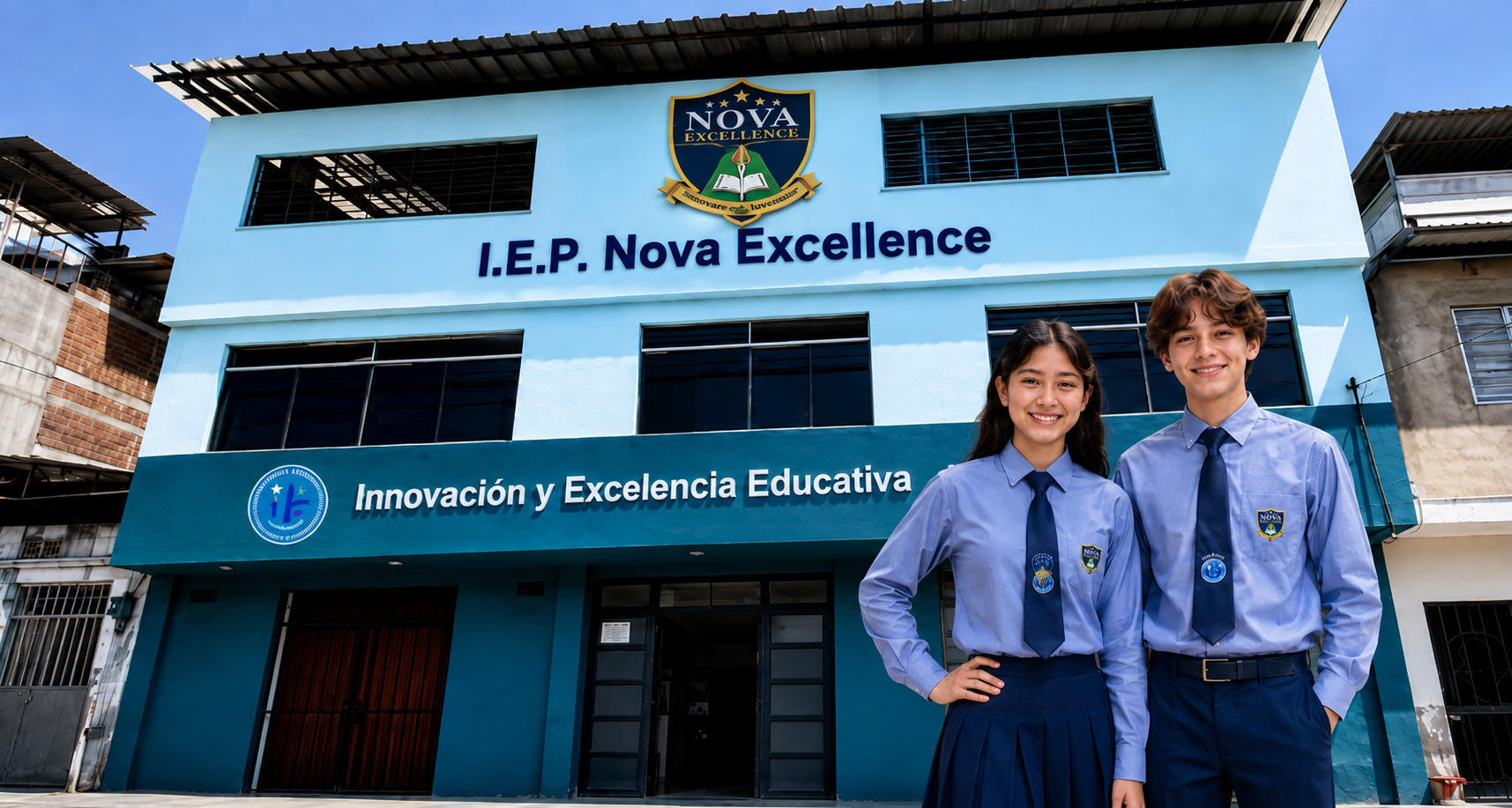 Fachada de la I.E.P. Nova Excellence con dos estudiantes uniformados