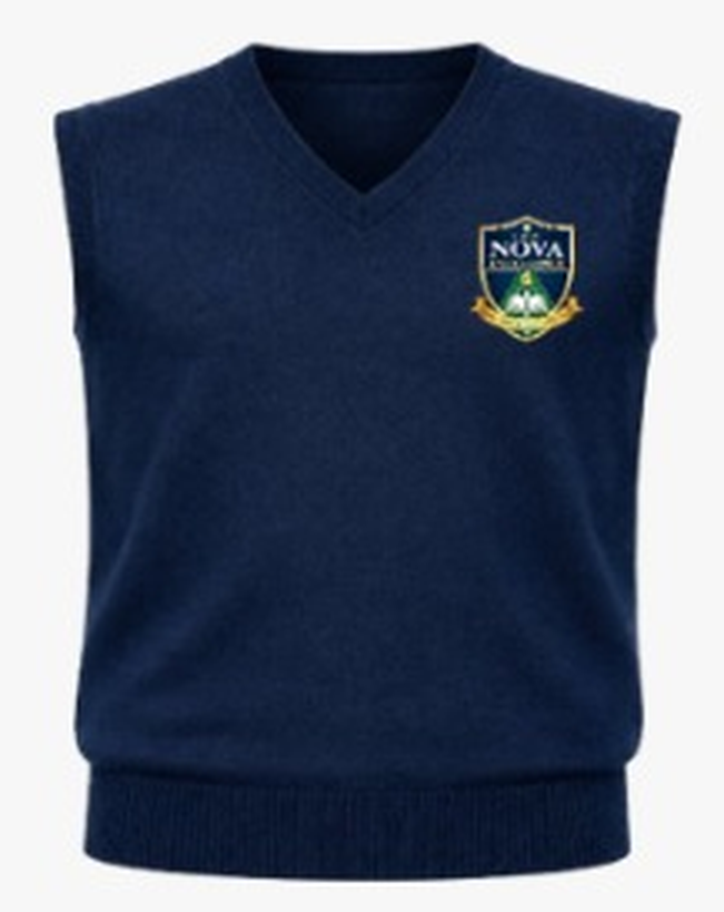 Chaleco azul con logo Nova frente — uniforme oficial IEP Nova Excellence