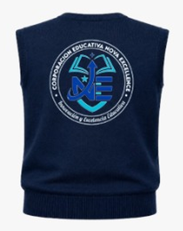 Chaleco azul con logo Corporación espalda — uniforme oficial IEP Nova Excellence