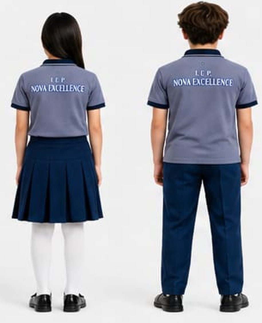 Pareja uniforme polo falda pantalon espalda modelo a — uniforme oficial IEP Nova Excellence