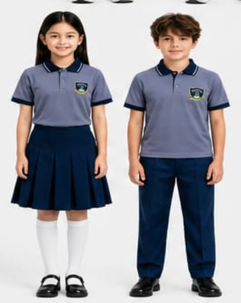Pareja uniforme polo falda pantalon frente modelo b — uniforme oficial IEP Nova Excellence
