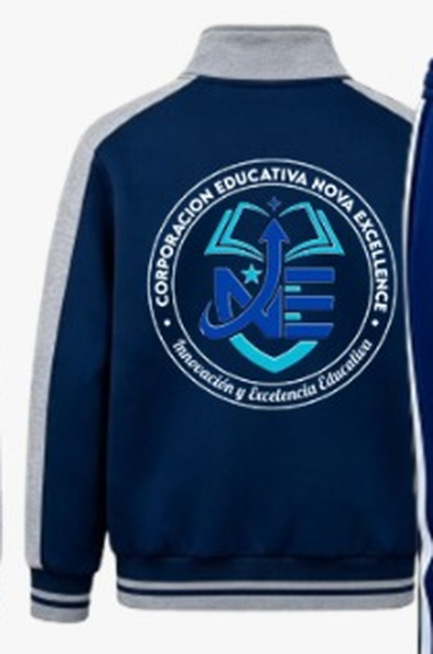 Casaca buzo con logo Corporación espalda — uniforme oficial IEP Nova Excellence